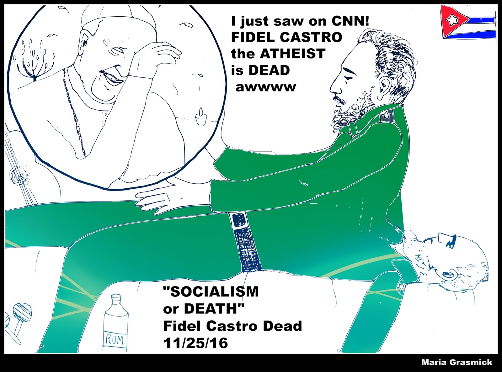 Fidel Castro Dead on DRUDGE REPORT my political cartoon to engage him