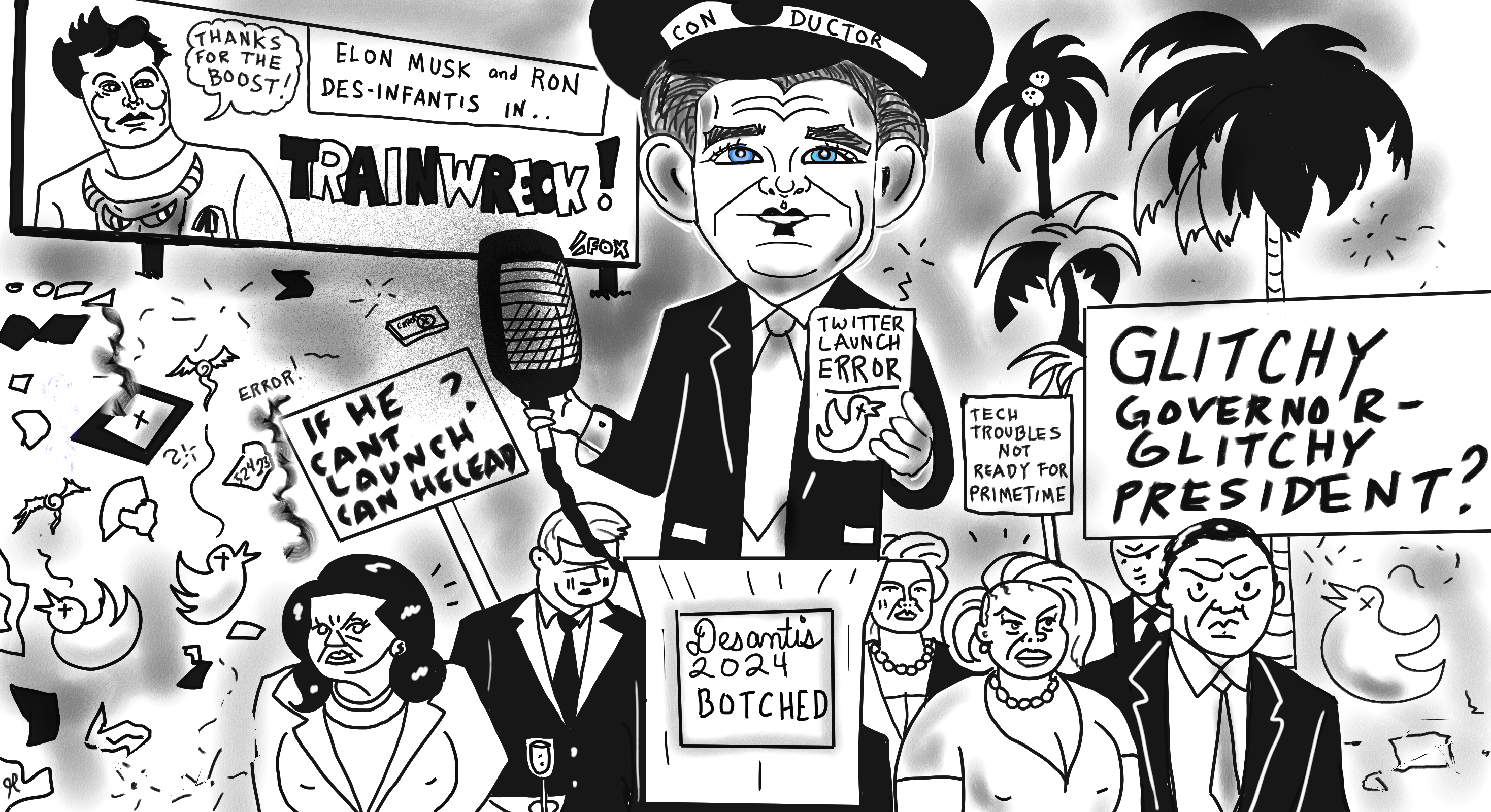 Ron Desantis Political Cartoon of his DE-saster twitter spaces. With ELON MUSK. A Memorabilia NFT post thumbnail image