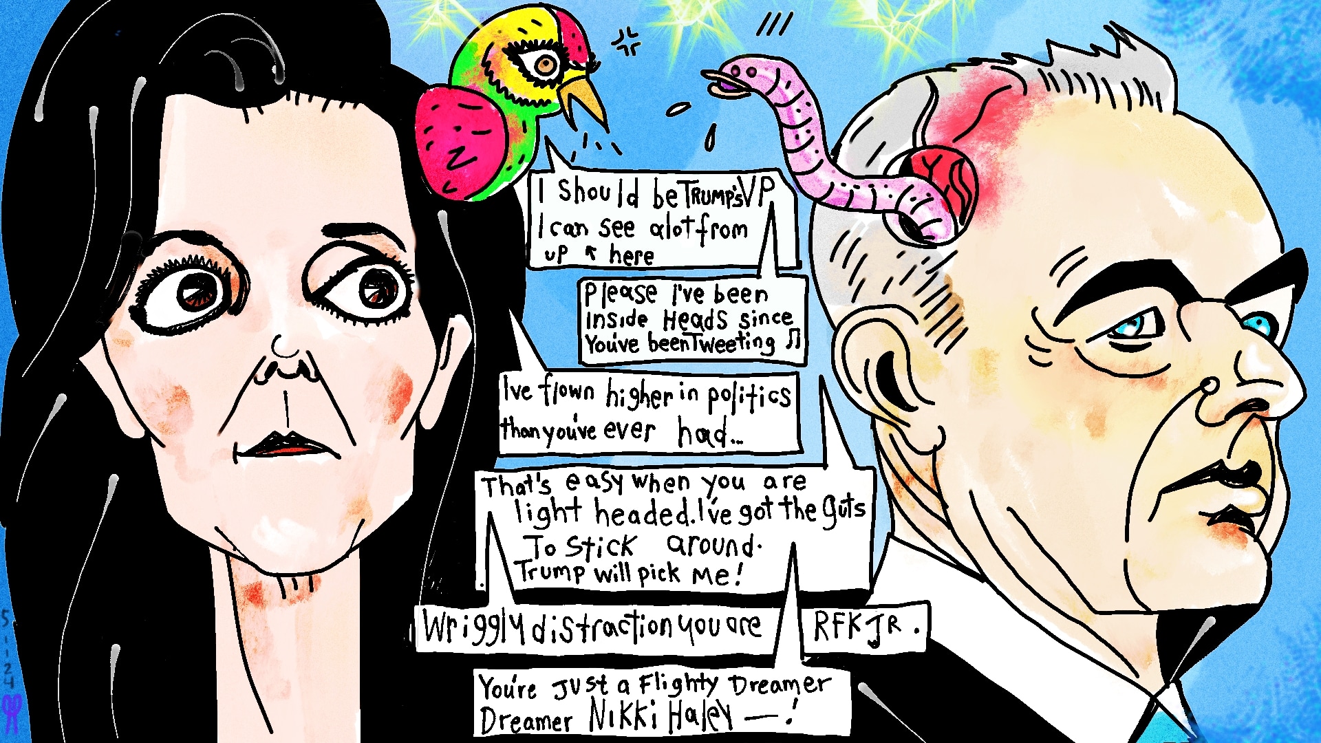 Nikki Haley Birdbrain and Robert F. Kennedy Wormbrain 🪱 political cartoon post thumbnail image