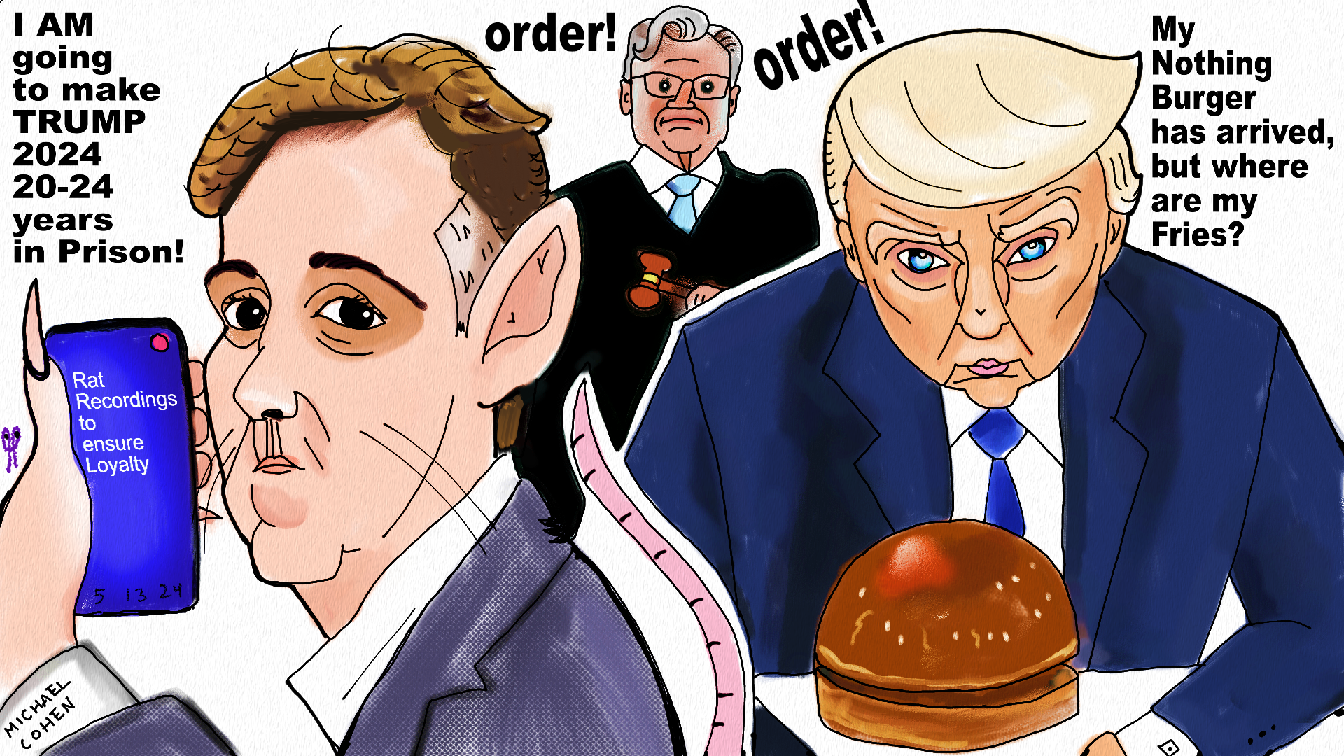 Political cartoon President Donald Trump Trial 🍊 Michael Cohen Judge Merchan #PresidentDonaldtrump #DonaldTrump #politicalcartoon #JudgeMerchan #MichaelCohen #TrumpTrial post thumbnail image