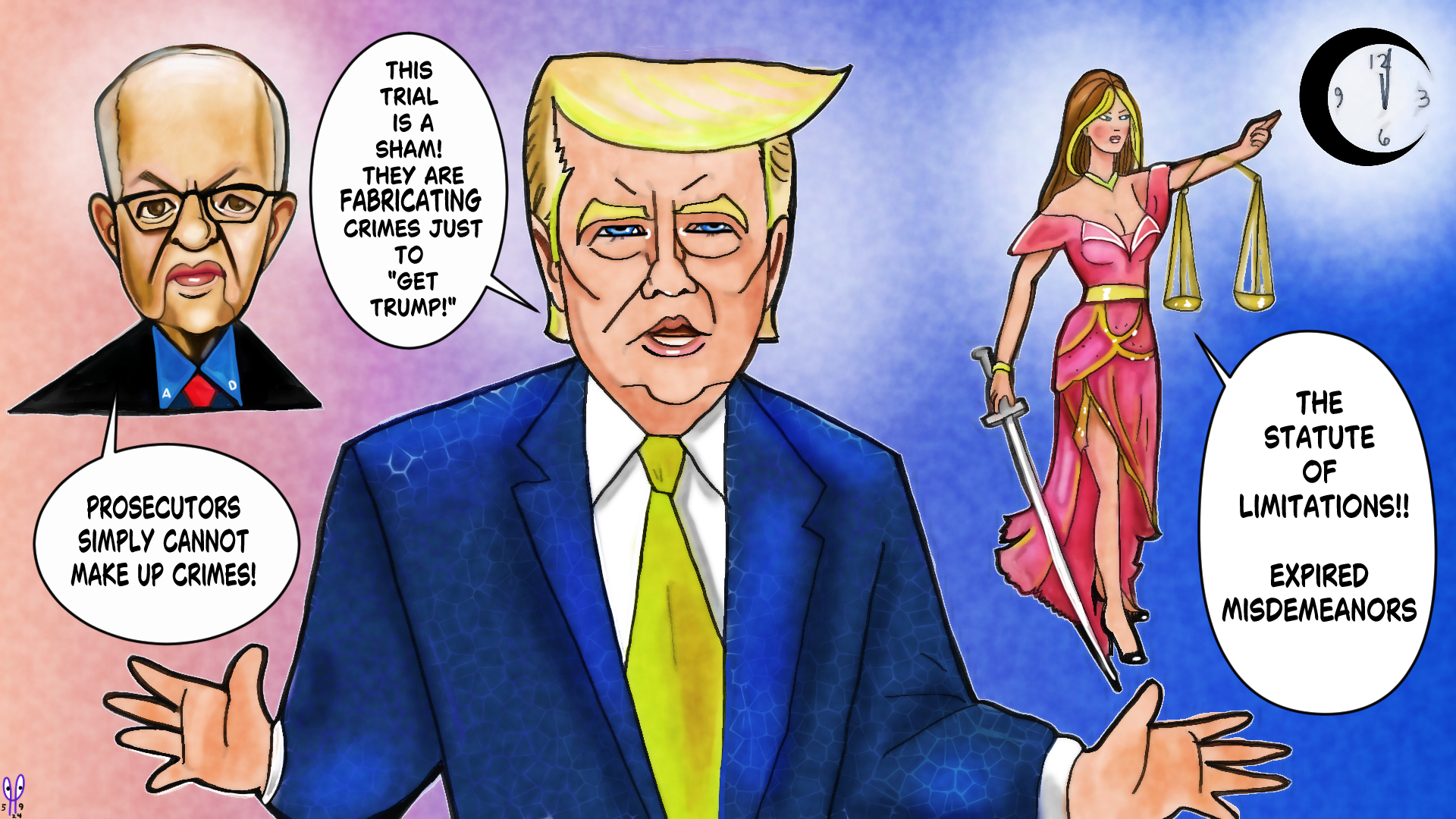 President Donald Trump Trial, Alan Dershowitz and Lady Justice political cartoon post thumbnail image